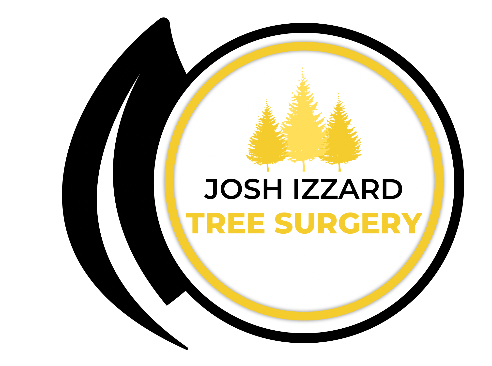 a round logo with Josh Izzard tree surgery written inside with three yellow trees above the writing. to the left of the logo is a black leaf silhouette